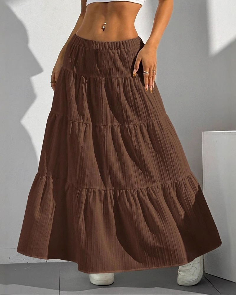 Damen Rock Schwingend Mode Maxi Mittlere Hüfthöhe Röcke Einfach Gerafft Kordelzug Mikroelastisch Urlaub Ausgehen Schwarz Weiß Rot Braun Sommer Polyester 2025 - $17.99 –P3