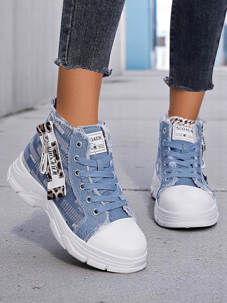 Damen-Denim-High-Top-Plateau-Sneaker mit Leoparden-Detail – lässige Streetstyle-Schnürschuhe für Teenager und junge Erwachsene 2025 - $26.99 –P4