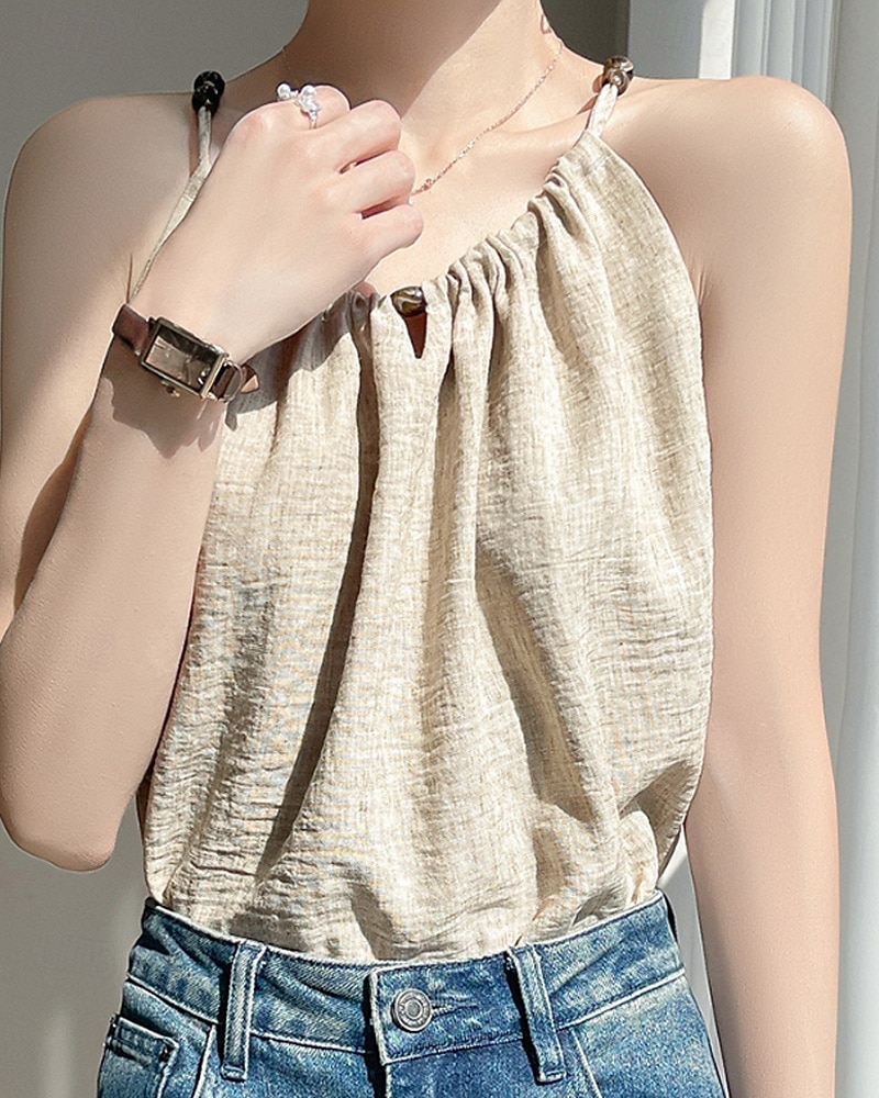 Per donna Camicie di cotone e lino Set ispirati al lino Blusa Semplice Moderno Casual Senza Maniche Spallina Top Regolari Quotidiano Ferie Uscire Arricciato Nero Beige Estate del 2025 a $36.99 –P5
