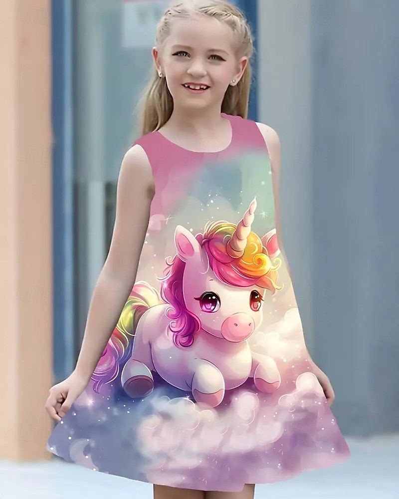 Girls' 3D Unicorn Dress Sleeveless Summer Spring Vacation Daily Holiday Princess Beautiful Sweet Kids 4-12 Years Casual Dress A Line Dress Knee-length Regular Fit 2025 - $13.99 –P4