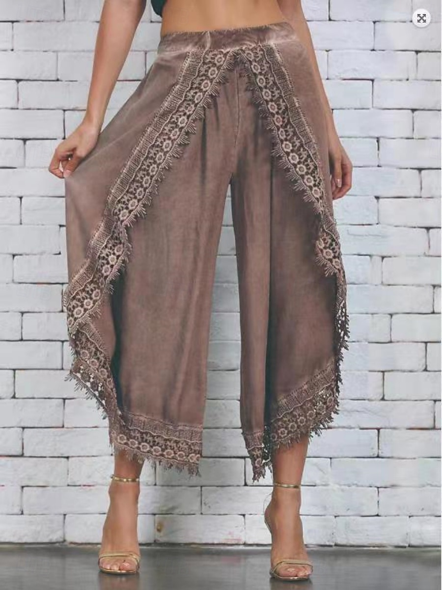 Per donna Gamba larga Chinos Vacanza Vintage Essenziale Lunghezza intera Vita Alta Semplice Pizzo Fascia Elastica Comodo Morbido Confortevole Micro-elastico All'aperto Vacanza Streetwear Nero Bianco del 2025 a $24.99 –P4