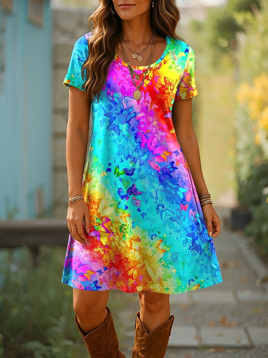 Damskie Sukienka mini Sukienka t-shirtowa Sukienka A line Letnie sukienki Codzienny Codzienny Regularny Ombre Graficzny Geometryczny Krótki rękaw Wycięcie pod szyją Niebieski Fioletowy Pomarańczowy 2025 - $23.99 –P1