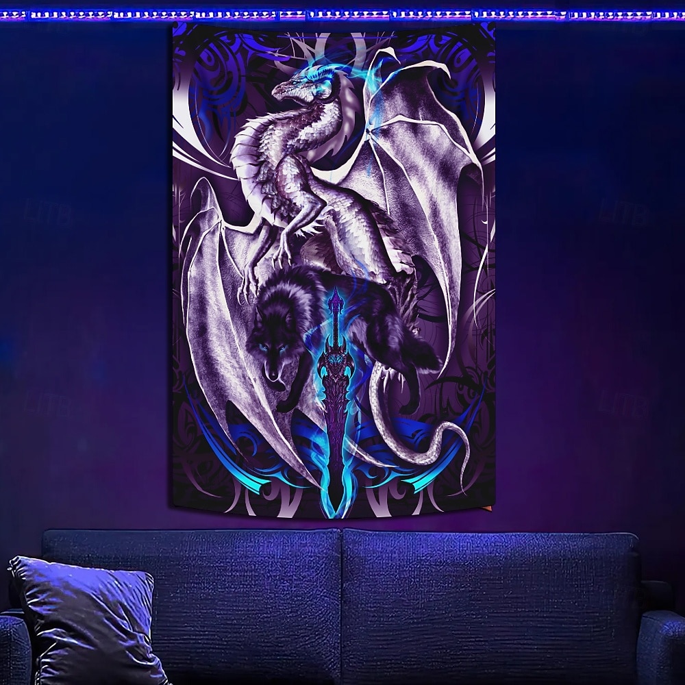 Ruth Thompson mustanvalokehys matto hohtoa pimeässä juhlan UV-herkkä trippy sumu riippuva matto seinätaide mural olohuoneeseen makuuhuoneeseen Dragonblade OMEGABLADE HIGH REZ 2025 - $16.99 –P3