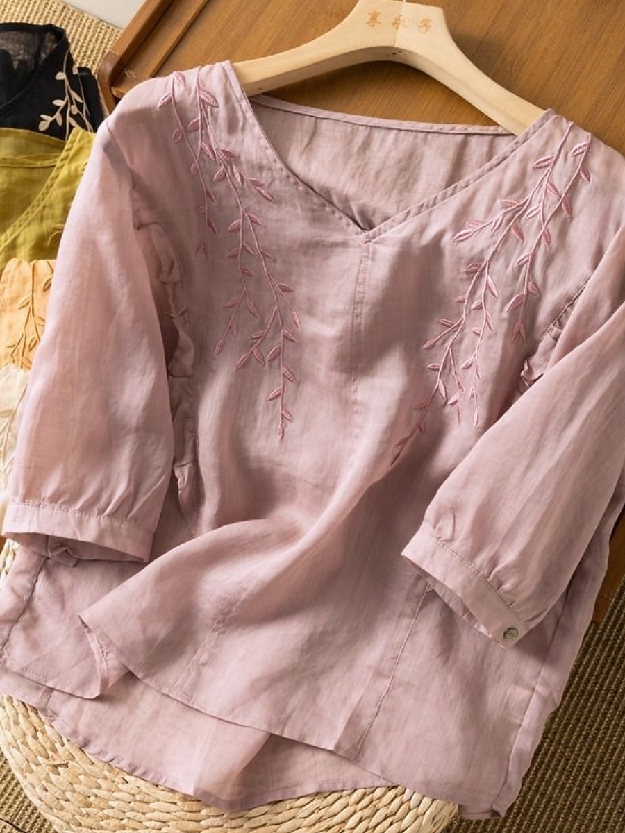 Cămașă de damă din bumbac și in, model floral, simplu, etnic, casual, mânecă 3/4, decolteu în V, croială regulată, topuri, zi de zi, brodat, galben, albastru marin, violet, portocaliu, caisă, vară 2025 - $17.99 –P6