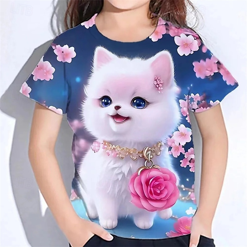 Fille 3D Chat T-shirt Manche Courte Été Printemps Mode Basique Enfants 4-12 ans Col Rond Extérieur Occasionnel Quotidien Coupe régulière de 2025 ? $11.99 –P2