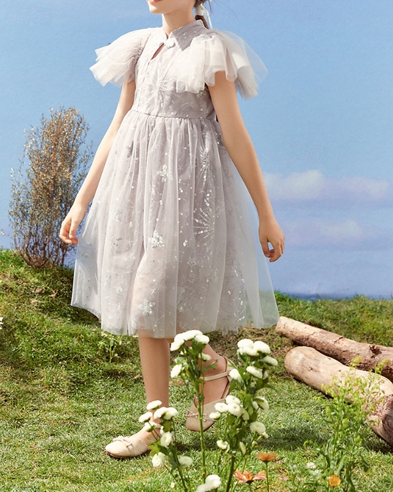 Kids Girls' Dress Flower Short Sleeve Outdoor Ruched Mesh Fashion Adorable Nylon Knee-length Casual Dress Tulle Dress Floral Dress Summer 4 years+ Purple 2025 - $58.99 –P3