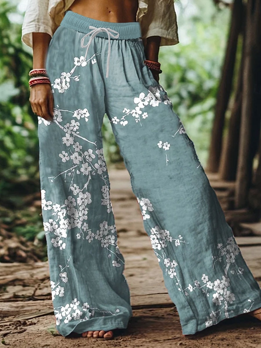 Femmes Jambe large Chinos Pantalons Amples Vacances ancien Mode Longueur complète Taille haute Fleuri Graphique Impression Respirant Doux Micro-Élastique Formel Vacances Rue Violet Vert Gris Ét de 2025 ? $24.99 –P1