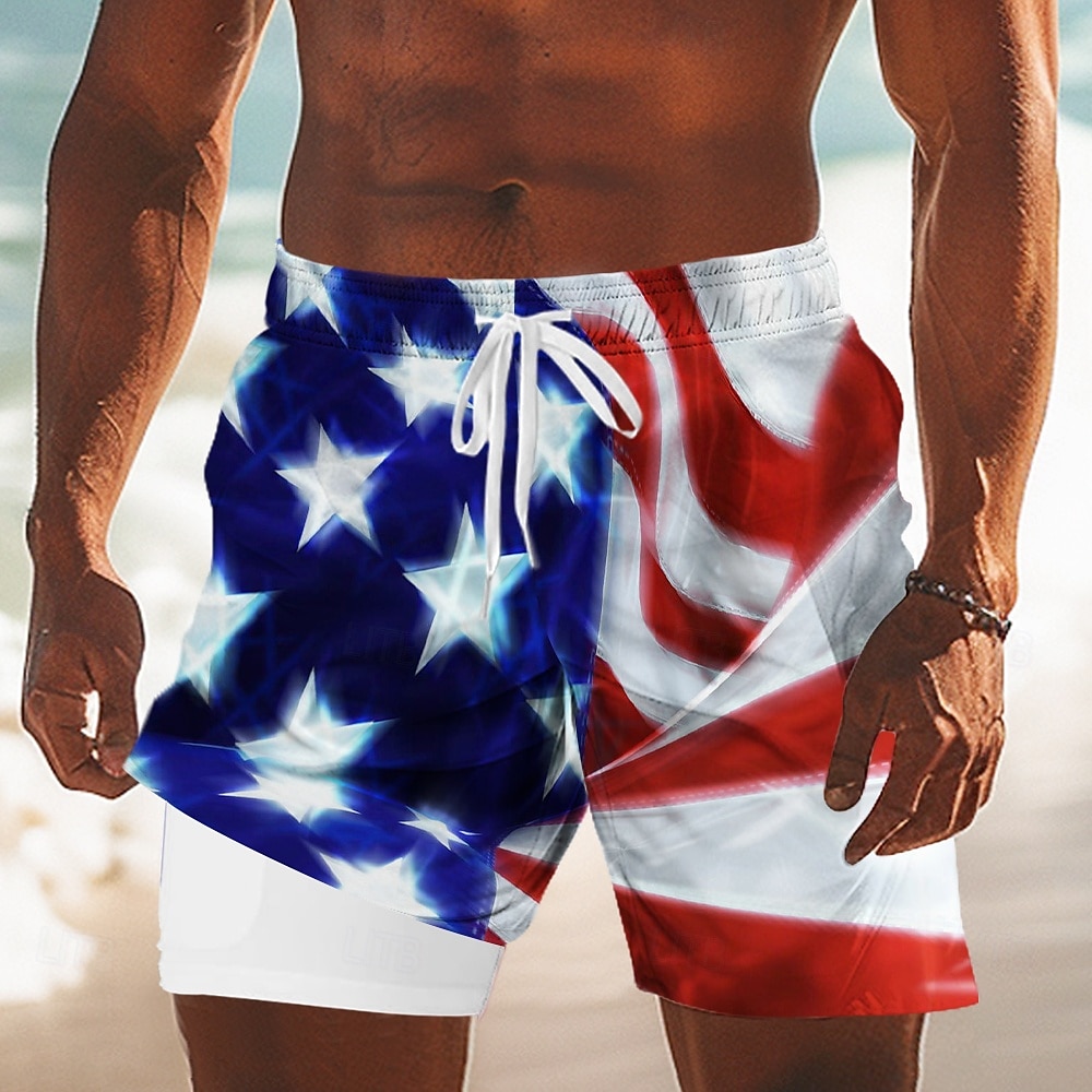 2025年 アメリカ独立記念日 男性用 米国旗 愛国 7月4日 裏地付きショートパンツ 2 in 1 スイムショーツ スイムショーツ ミディアムウエスト 祝日 サイドポケット コンプレッションライナー付き 伸縮性のあるドローストリングウエスト デザイナー 衣類  コレクション – $21.99 –P1