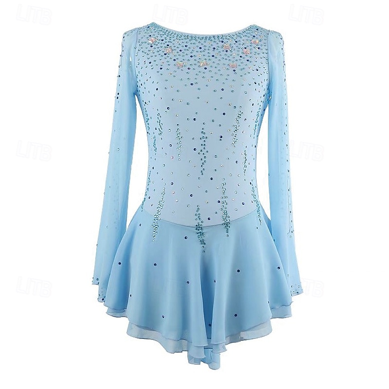 Kjole til kunstløp Dame Jente Skøyteløp Kjoler Blå Lapper Tommelhull Netting Spandex Elastisk Trening Profesjonell Konkurranse Skøyteklær Hold Varm Krystall / Rhinstein Langermet Skøyting Kunstløp 2025 - $221.89 –P1