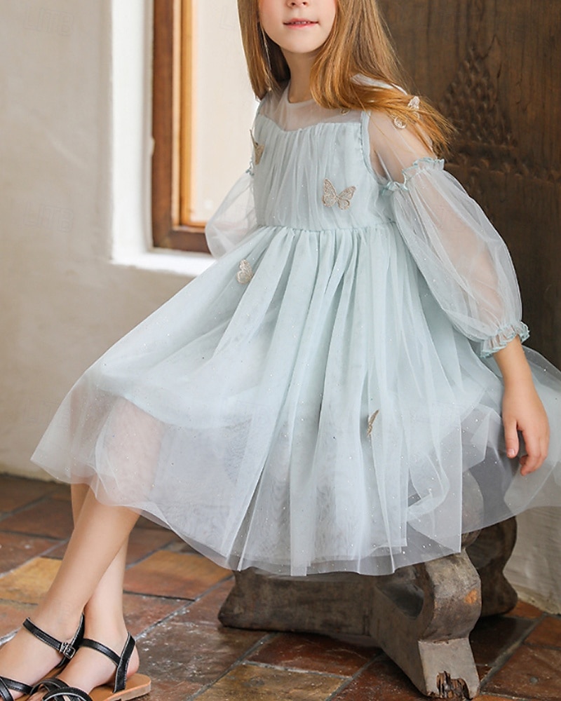 Enfants Fille Robe Couleur Unie Manche 3/4 Extérieur Maille Adorable Coton Mi-long Robe Décontractée Robe en Tulle Été 4 ans et + Bleu Ciel de 2025 ? $77.99 –P3
