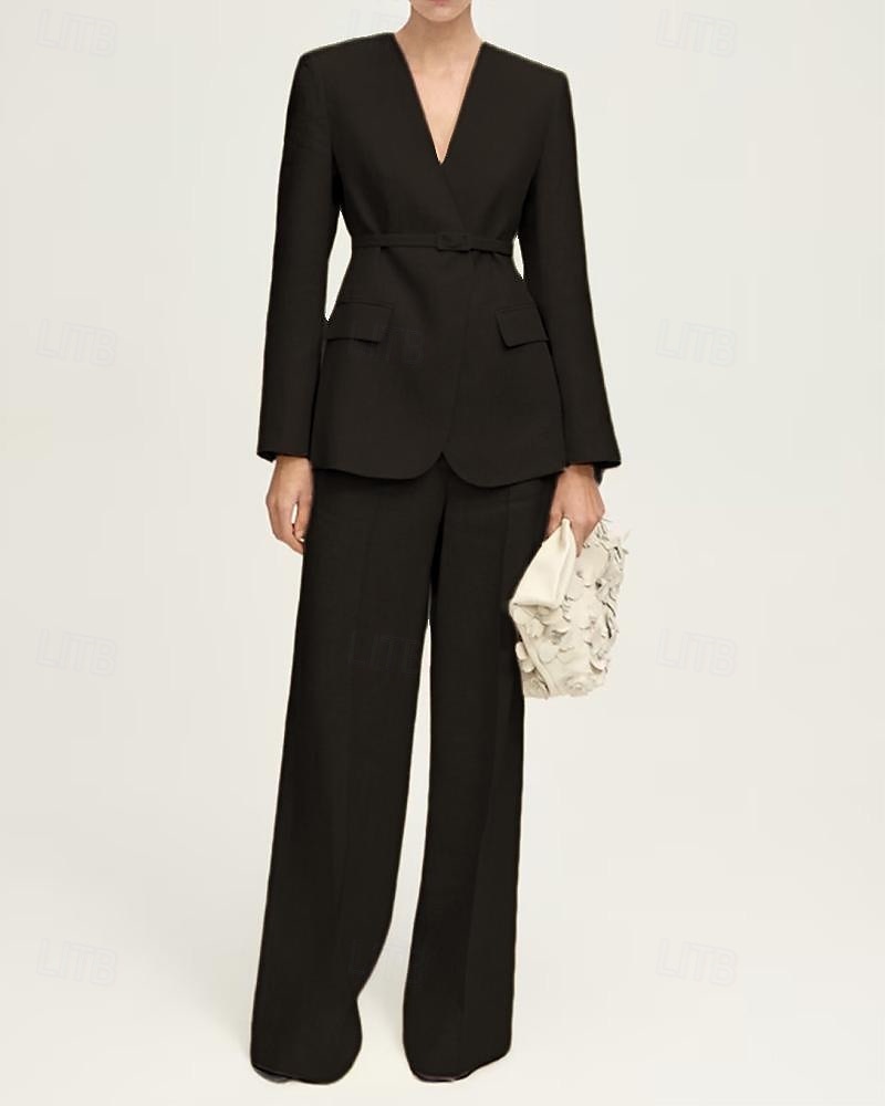 Blazer sans col ensemble deux pièces combinaison lin mélangé mère de la mariée combinaison élégante simple minimaliste en V longueur de sol manches longues avec couleur unie de 2025 ? $189.99 –P5