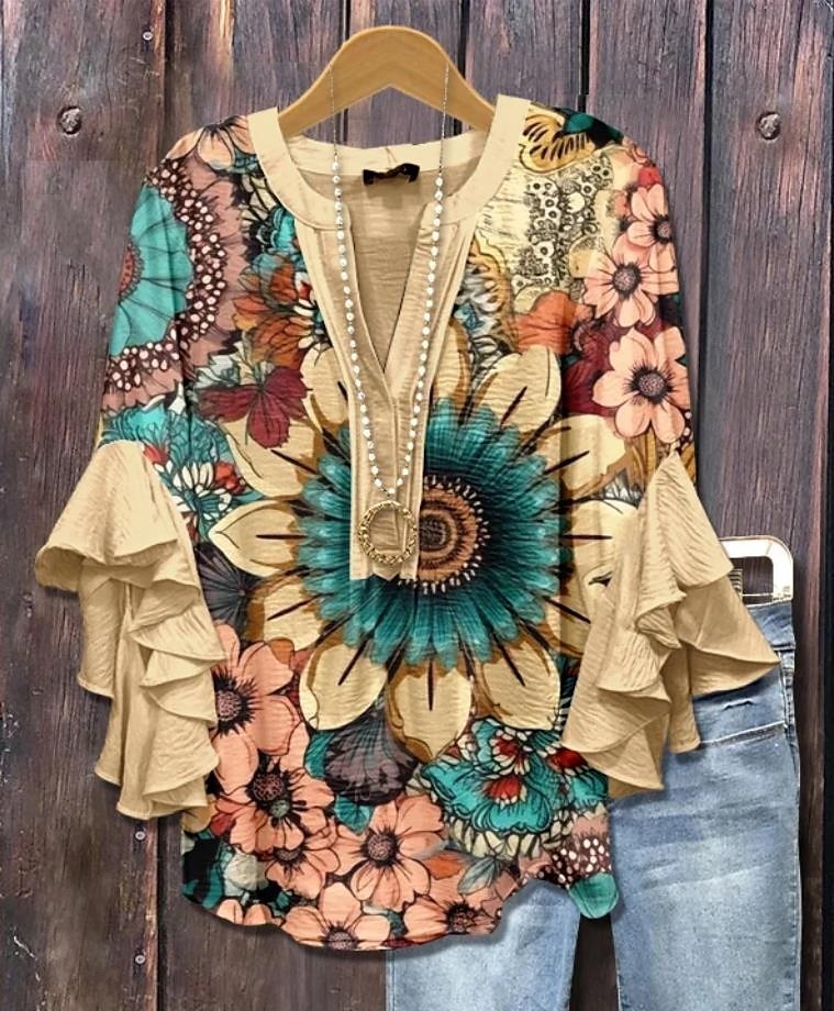Dámská retro blůza s vrstvenými volánovými rukávy Vintage květinový grafický Bohemia Vintage denní 3/4 délky rukáv V krku běžné topy Denní dovolená prázdninové oblečení Tisk černá žlutá léto jaro 2025 - $29.99 –P1