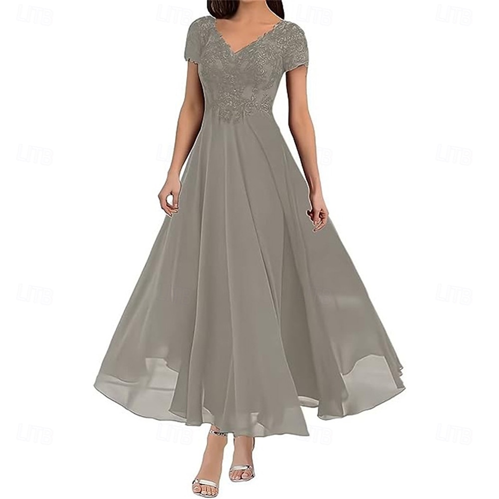 A-Linie Brautmutterkleid Elegant V Ausschnitt Bodenlang Polyester Kurzarm mit Einfarbig 2025 2025 - $119.99 –P15