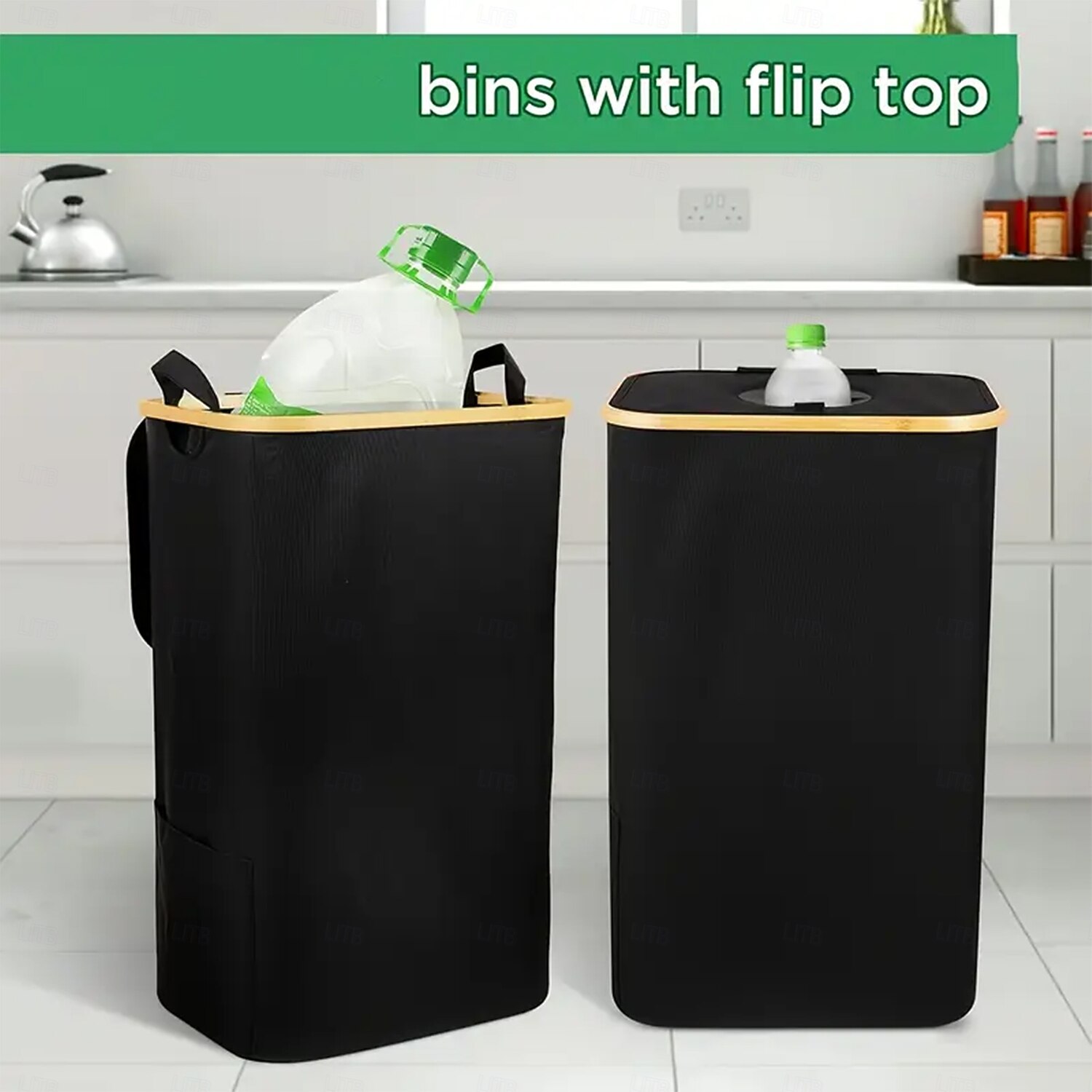 Contenedor de reciclaje para cocina, interior y hogar, bote de basura plegable de 100 l/26,5 galones con marco de bambú, bolsas interiores extraíbles, tela Oxford, abertura superior redonda, 2026 - $36.99 –P1