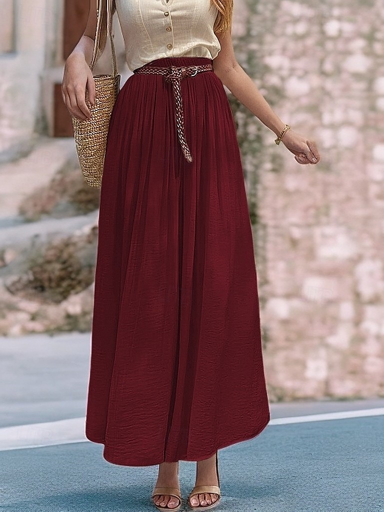 Damen Asiatische Größe Schwingend Leinenröcke Elegant Lässig Midi Hohe Taille Röcke Einfarbig Gerafft Plissiert Fließend Mikroelastisch Urlaub Täglich Wein Schwarz Weiß Rosa Frühling, Herbst, Winter 2025 - $32.99 –P12