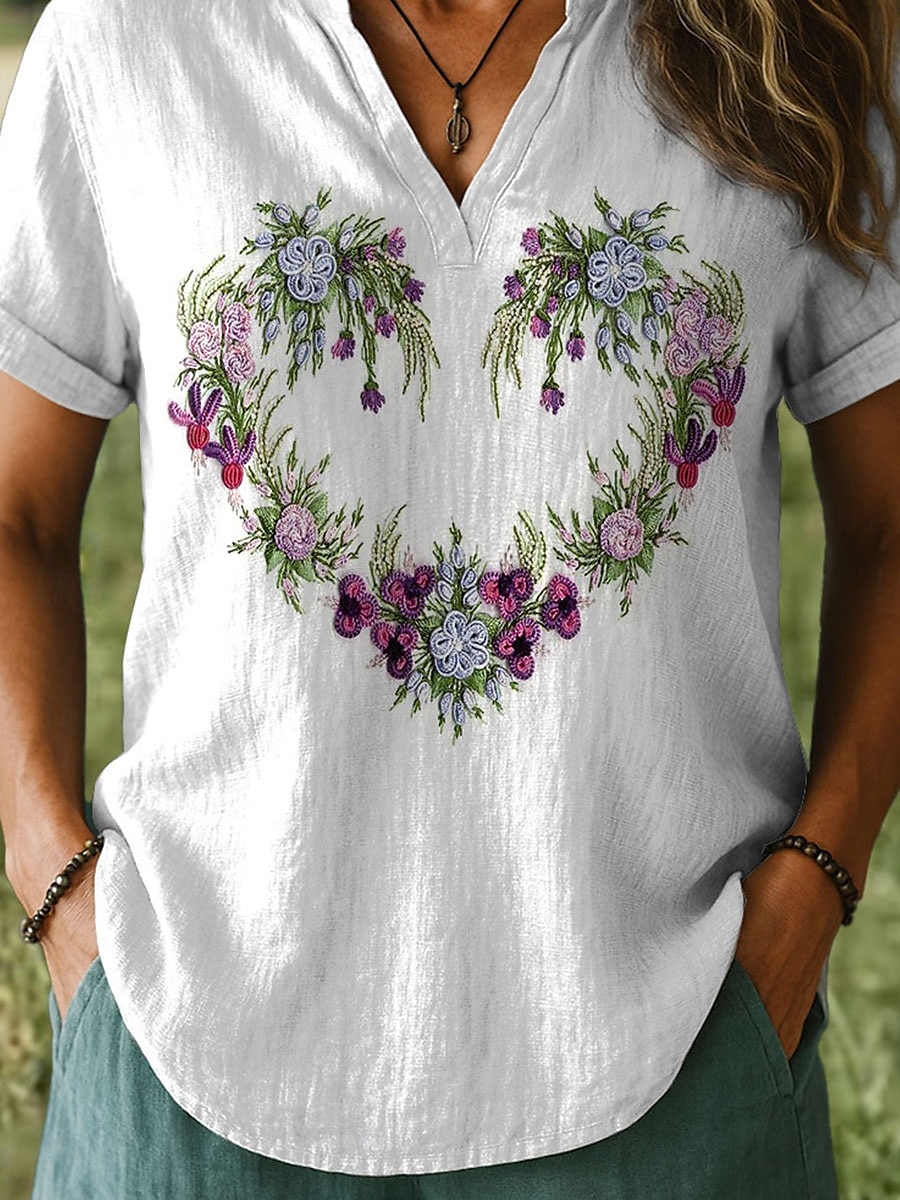 Dame Bluse Hjerte Blomstret Grafisk Stilfull Kortermet V-hals Hals med hakk Vanlige topper Daglig Trykt mønster Hvit Sommer 2025 - $22.99 –P3