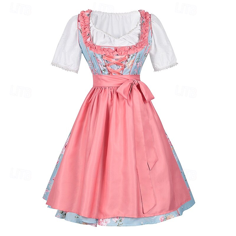 Rochie de dirndl cu flori pentru femei cu șorț roz și bluză pentru festivalul de bere Oktoberfest Wiesn 2025 - $59.99 –P2