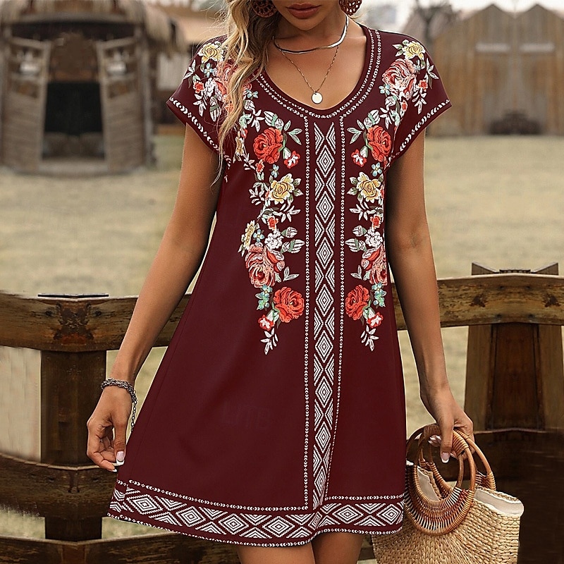 Pentru femei Rochie Mini Rochii Tricou Rochie de Vară Rochie de vară Vacanță Casual Boho Zilnic Ieșire Fit regulat Floral Grafic Manșon scurt În V Negru Roșu Vin Albastru piscină Maro Vară 2025 - $23.99 –P5