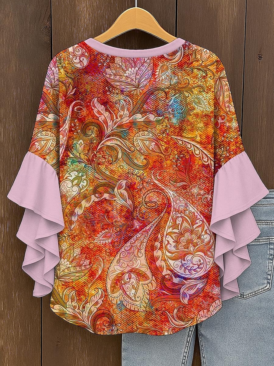 Dámské Halenka Grafika Kašmírový vzor Elegantní Čechy Geleneksel 3/4 délka rukávu Do V Běžné topy Denní Dovolená Oblečení na dovolenou Volány Tisk Rubínově červená Vodní modrá Fialová Oranžov 2025 - $29.99 –P2
