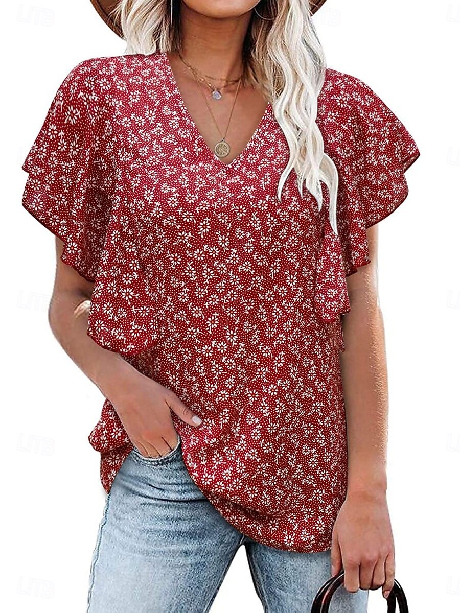 Femmes T-shirt Fleuri Mode Élégant Moderne Manche Courte Col en V Hauts Réguliers Quotidien Week-end Jaune Rose Claire Rouge Vert Été de 2025 ? $16.99 –P6
