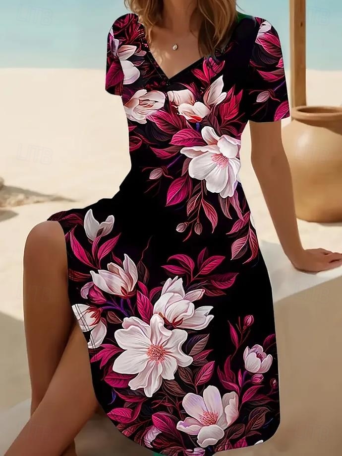 Dame Mini kjole T skjortekjole Solkjole Kjole med A-linje Ferie Fritid Strandstil Ut på byen Strand Standard passform Blomstret Grafisk Kortermet V-hals Dyp Grønn Rød Svart Lilla Sommer 2025 - $23.99 –P3