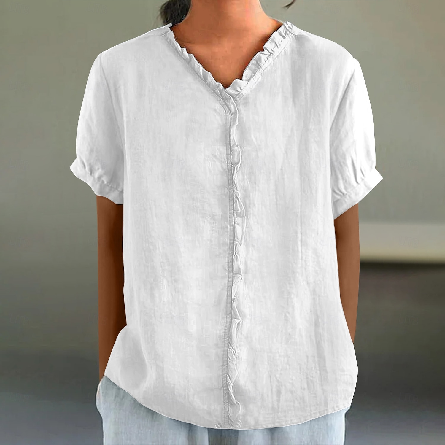 Chemisier en coton et lin pour femme, couleur unie, élégant, décontracté, manches courtes, col en V, régulier, quotidien, vacances, plissé, noir, blanc, rose, violet, vert, été de 2025 ? $23.99 –P4