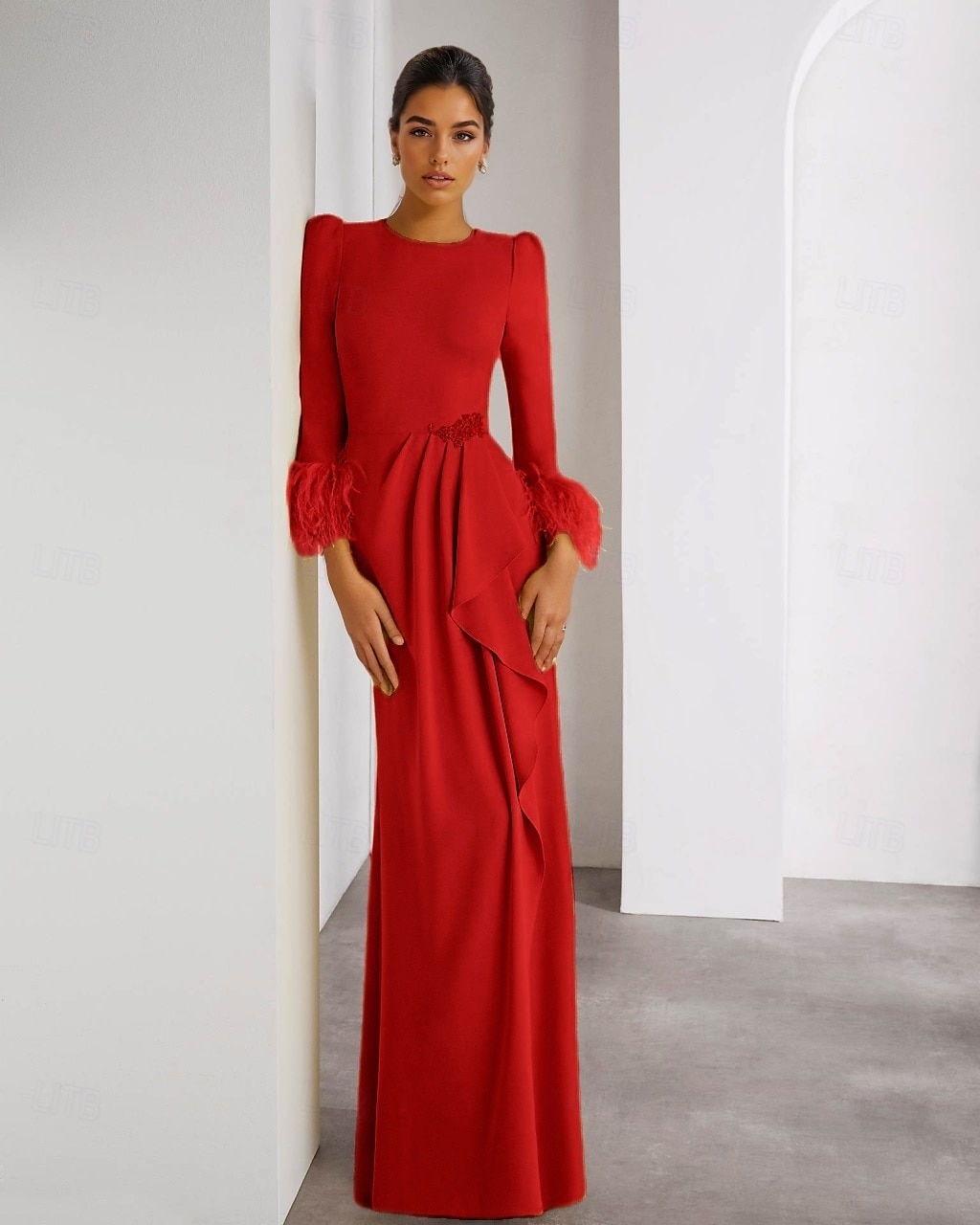 Abito da sera con colonna di piume, in crêpe elasticizzato, elegante, formale, da sposa, lungo fino al pavimento, manica lunga, scollo rotondo, staccabile, 2025 del 2025 a $149.99 –P5