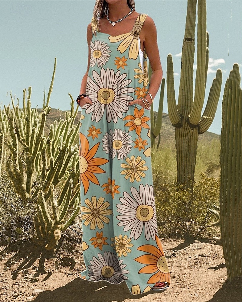 dames normale jumpsuit tuinbroek casual bloemen mouwloos wijde pijpen zak straat dagelijks normale pasvorm lichtblauw zomer 2025 - $29.99 –P1