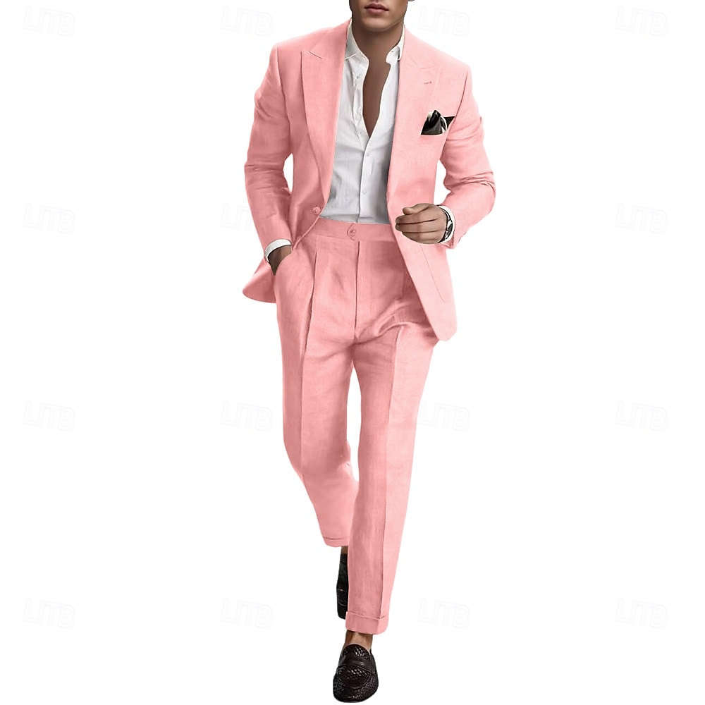Pour des hommes Mariage Affaires Costumes en lin Revers en Pointe Rose Claire Bleu Ciel Mode Occasionnel Couleur Unie Coupe Standard 2 pièces Simple boutonnage un bouton de 2025 ? $115.99 –P6