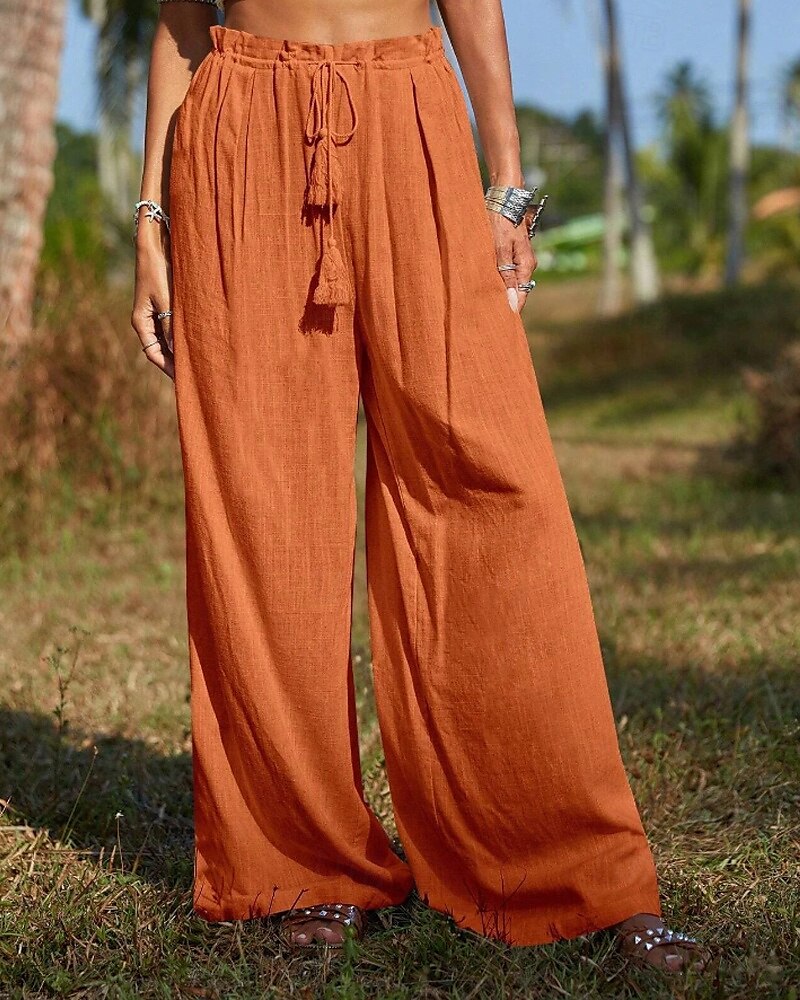 Women's Cotton Linen Pants Slacks Streetwear Casual Full Length Natural Plain Pocket Elastic Drawstring Design Comfy Outdoor Vacation Going out Orange Beige Summer Regular Fit 2025 - $31.99 –P5