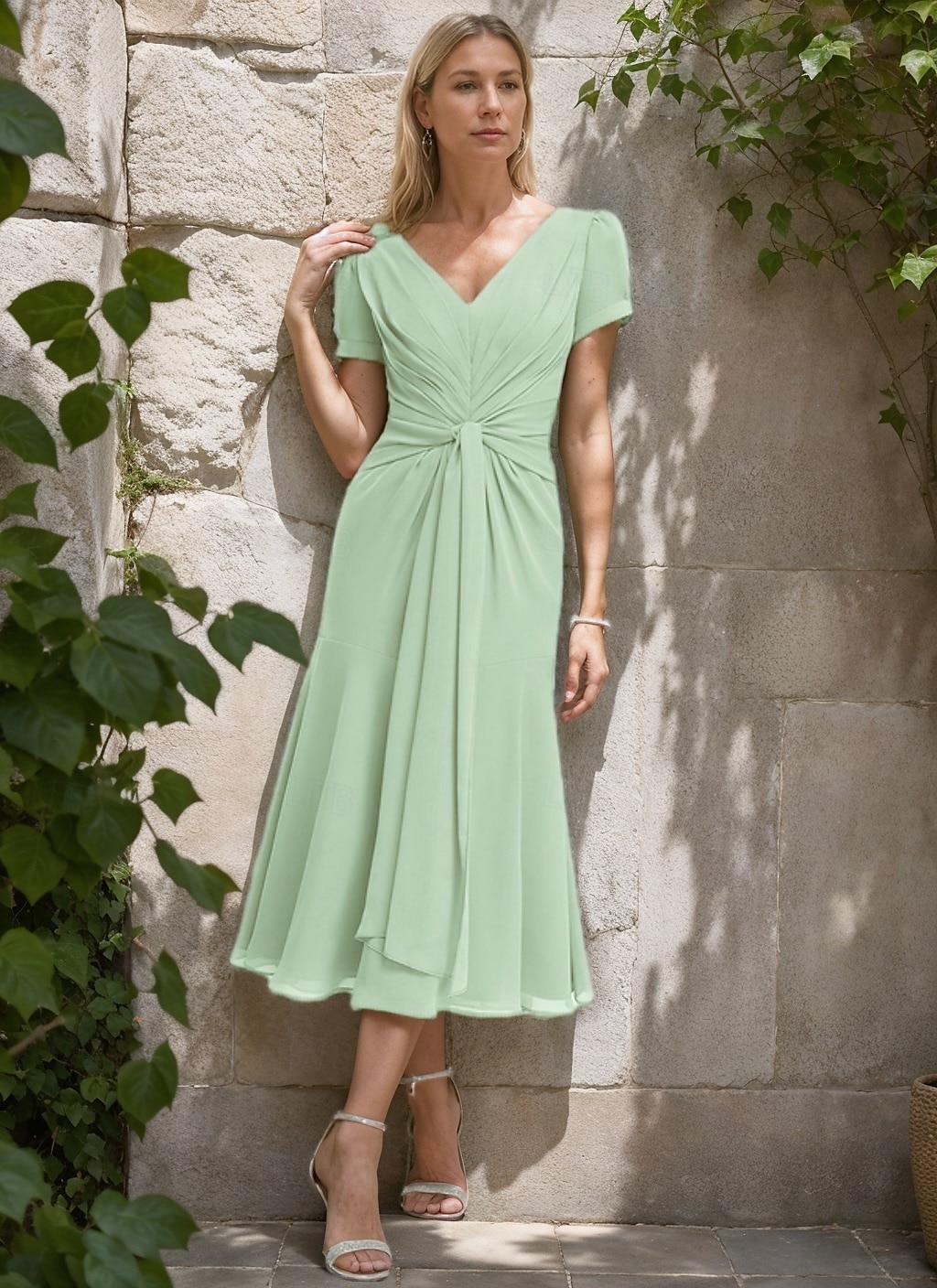Ligne A Robe de Mère de Mariée  Élégant Simple Minimaliste Col en V Longueur thé Chiffon Manche Courte avec Plis Froncé 2025 de 2025 ? $125.99 –P1
