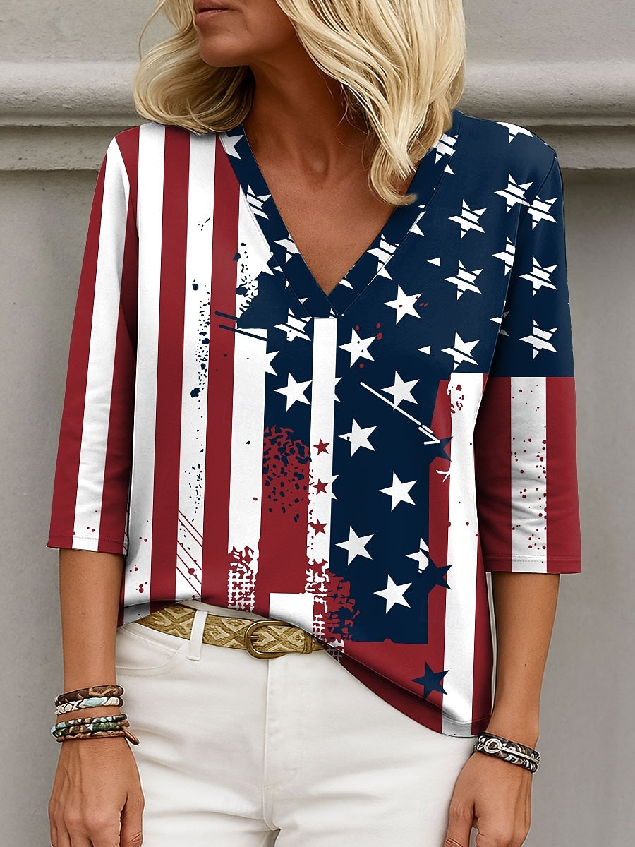 חולצת נשים פטריוטית עם גרפיקה של דגל אלגנטית אופנתית קז'ואלית עם שרוול באורך 3/4 וצווארון V רגיל בגוון כחול כהה קיץ 2026 - $27.99 –P1