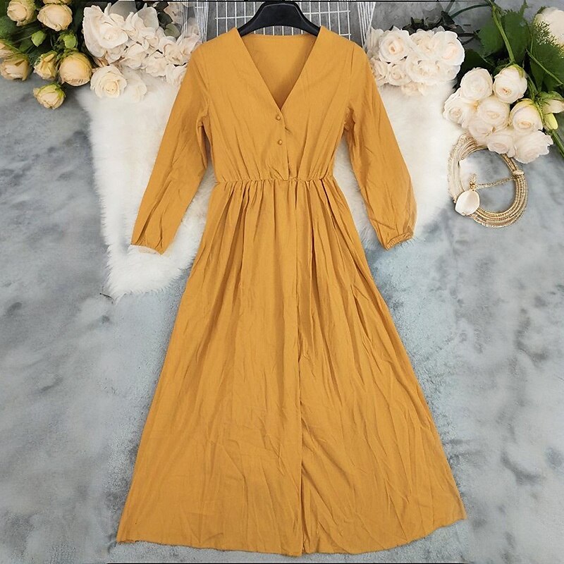 Per donna Abito Midi Abito in cotone e lino Abito Boho Classico Moderno All'aperto Vacanza Quotidiano Vestibilità regolare Semplice Manica Lunga Scollo a V Giallo Estate del 2025 a $29.99 –P2