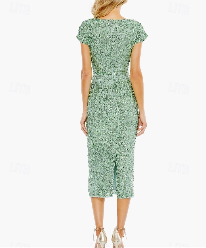 Robe fourreau/colonne en dentelle à paillettes vert bleu pour mère de la mariée, élégante, simple et luxueuse, col en V, longueur thé, longueur midi, tulle, manches courtes, 2025 de 2025 ? $149.99 –P3