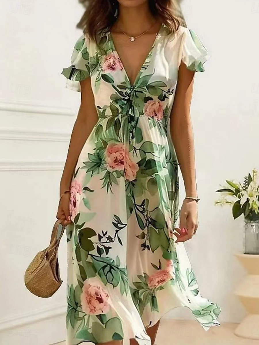 Damskie Sukienka midi Sukienka A line Codzienny Na zewnątrz Wyjściowe Plaża Luźny / a Kwiaty Graficzny Krótki rękaw W serek Zielony Lato Wiosna 2025 - $39.99 –P1
