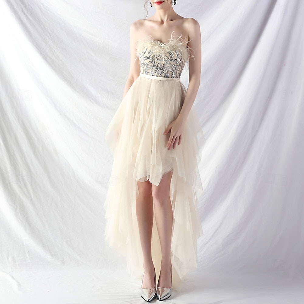A-Line Quinceanera Dresses Elegant Dress Formal Wedding Asymmetrical Sleeveless Strapless Tulle Backless with Feather Embroidery 2025 - $84.99 –P10