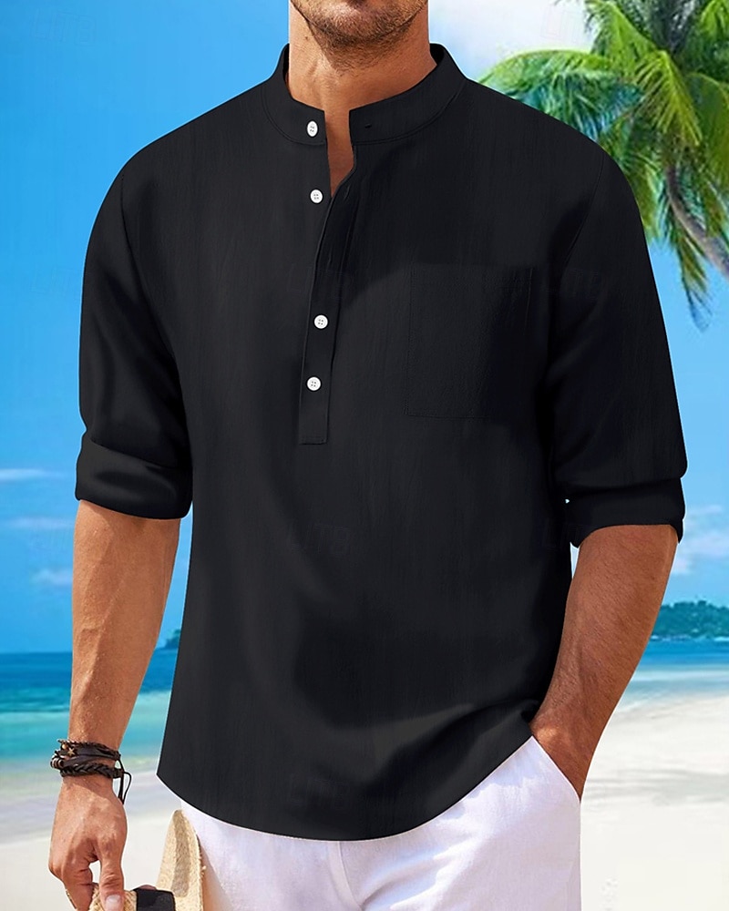 Herren Hemd Leinenhemd Popover-Hemd Freizeithemd Baumwollhemd Einfach Urlaub Hawaiianisch Schwarz Weiß Rosa Marineblau Langarm Stehkragen Frühling Herbst Bekleidung 2025 - $21.99 –P4
