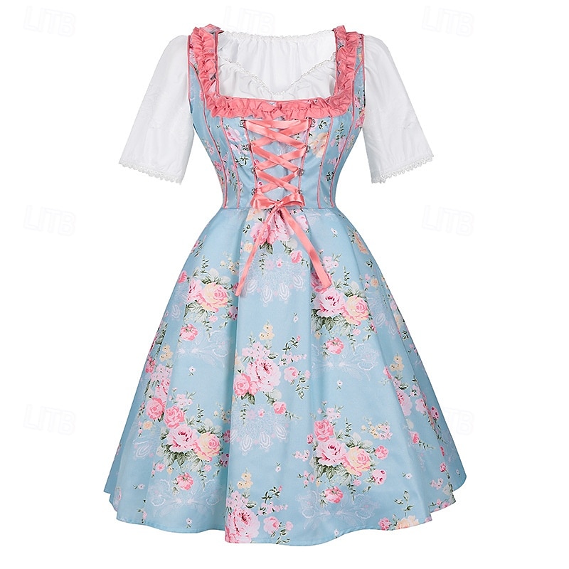 Rochie de dirndl cu flori pentru femei cu șorț roz și bluză pentru festivalul de bere Oktoberfest Wiesn 2025 - $59.99 –P5