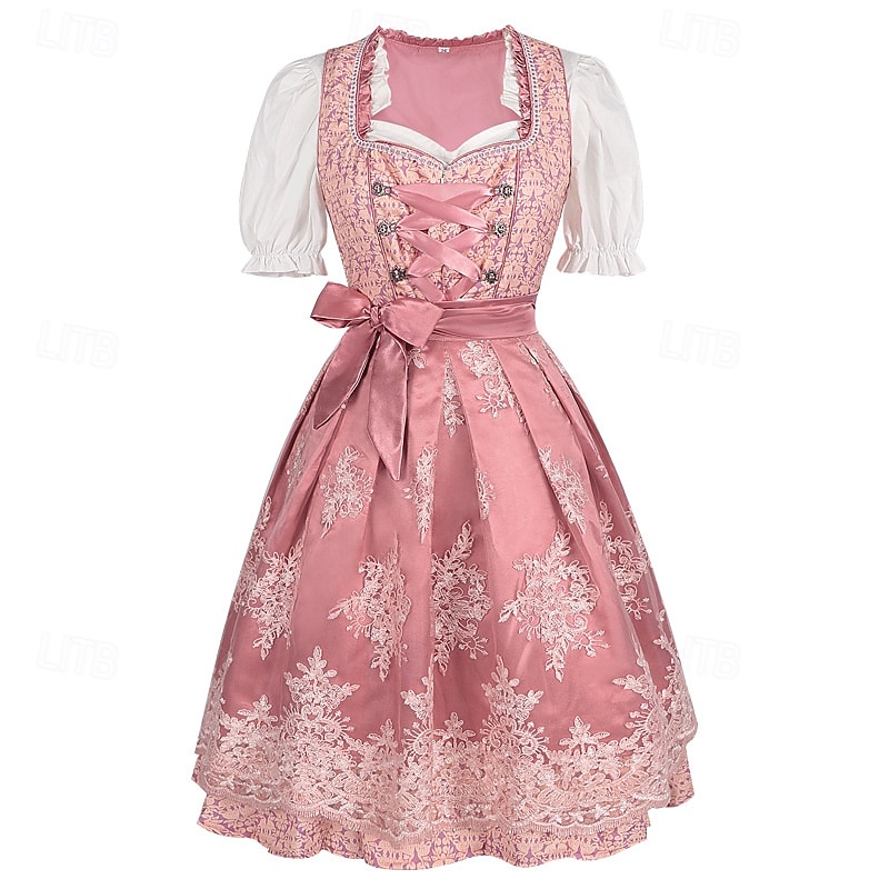 Women's Bavarian Dirndl Dress Costume with Lace Apron and Blouse Pink Satin Embroidery Outfit for Oktoberfest Festival 2026 - $80.99 –P3