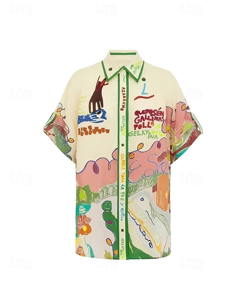Femmes Mode Streetwear Chemises en coton et lin Ensembles en coton et lin Ensembles de Shorts Manche Courte Col de chemise Graffiti Imprimé Tenue quotidienne Date Vert Été Coupe régulière de 2025 ? $29.99 –P5