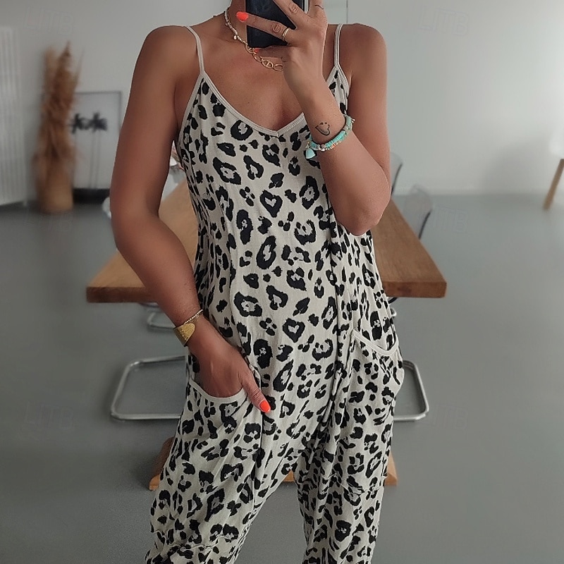 Mujer Normal Mono Ropa de calle Leopardo Sin Mangas Escote en Pico Estampado Calle Noche Ajuste regular Blanco Verano 2026 - $22.99 –P6