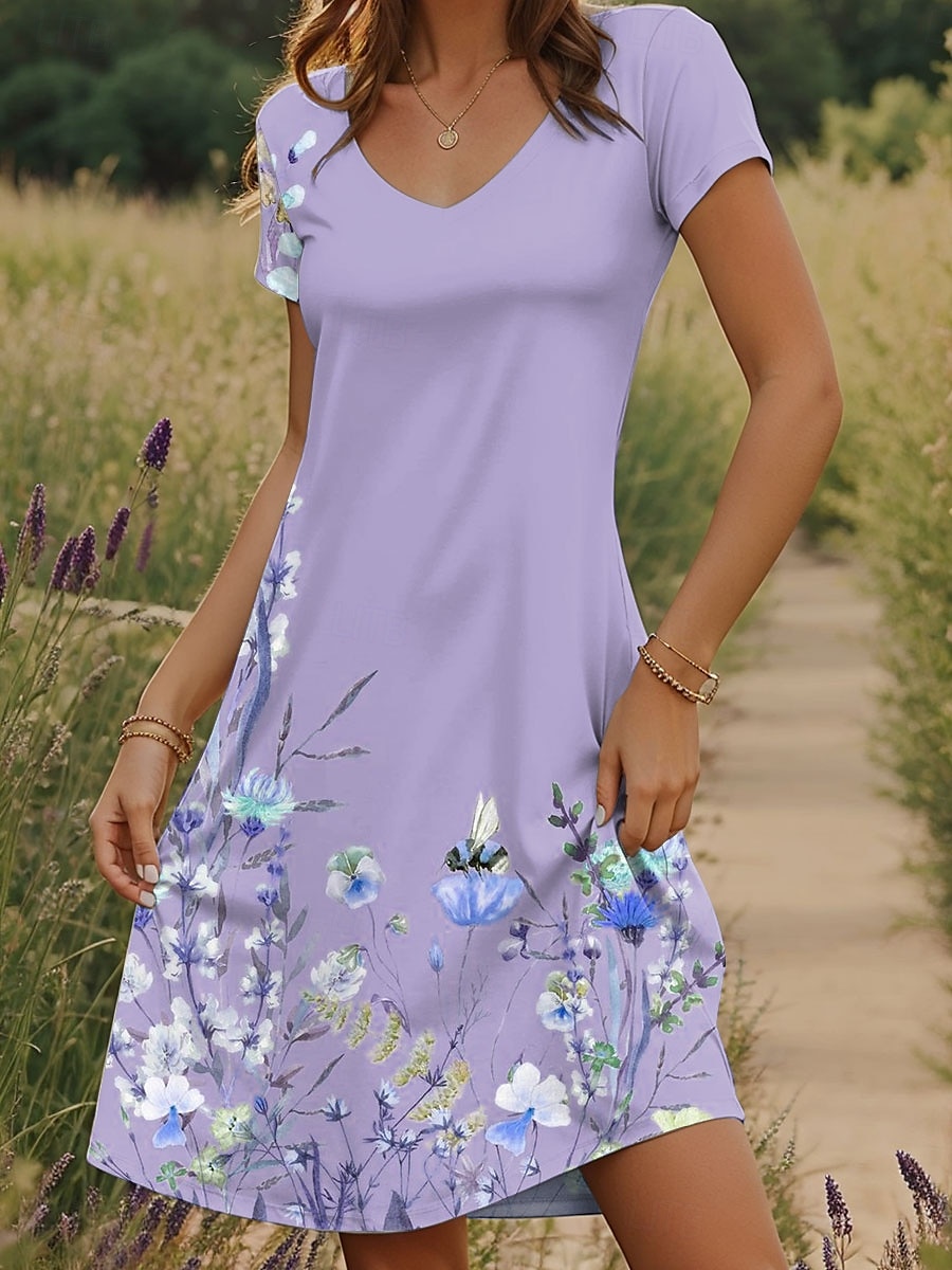 Damen Minikleid T-Shirt-Kleid Sommerkleid Urlaub Lässig Boho Täglich Ausgehen Normale Passform Blumen Grafik Kurzarm V Ausschnitt Purpur Grün Sommer 2025 - $23.99 –P3
