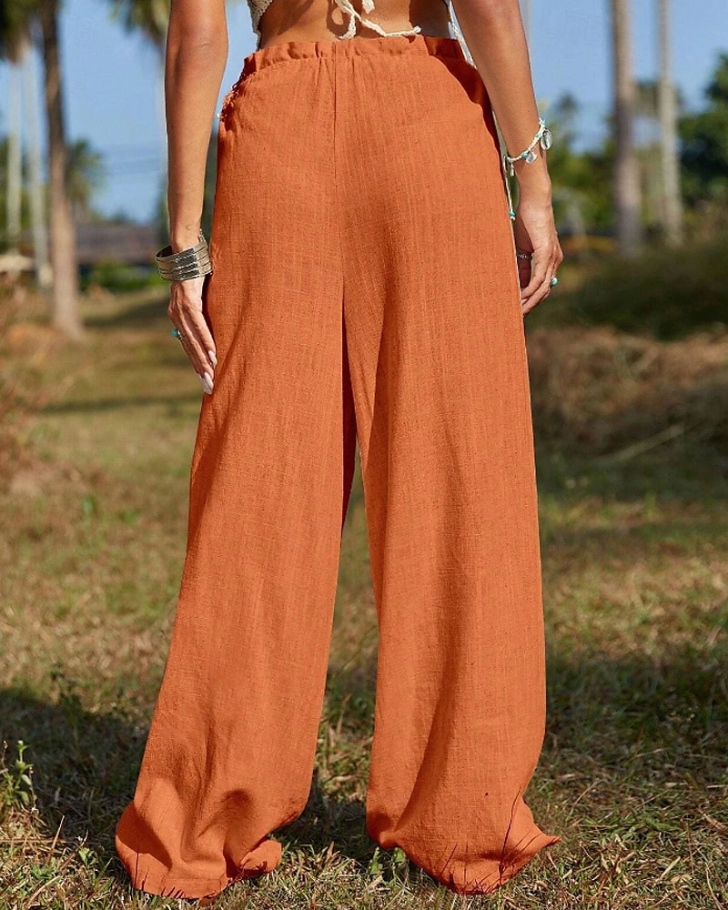 Women's Cotton Linen Pants Slacks Streetwear Casual Full Length Natural Plain Pocket Elastic Drawstring Design Comfy Outdoor Vacation Going out Orange Beige Summer Regular Fit 2025 - $31.99 –P7