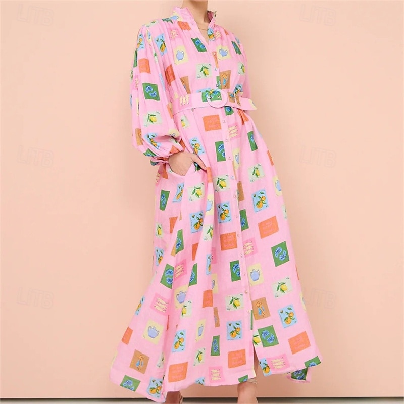 Per donna Abito Lungo Maxi Abito Abiti in cotone e lino Vestito Casual Moda All'aperto Feste Ferie Vestibilità regolare Dipinto Manica Lunga Colletto a Camicia Rosa Estate del 2025 a $46.99 –P1