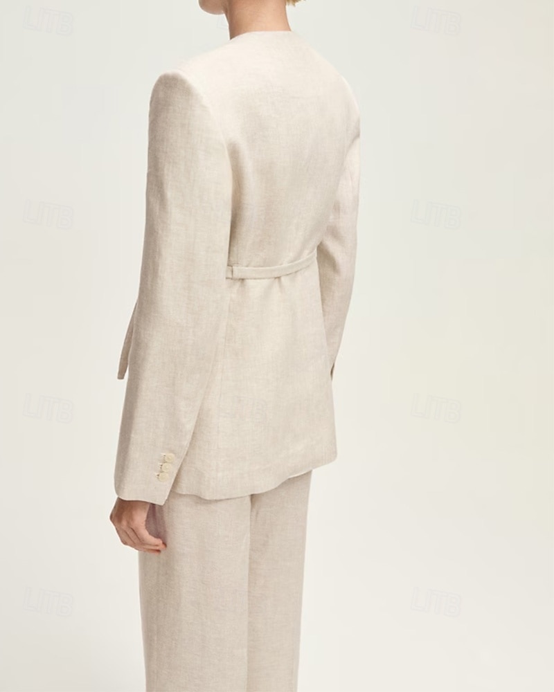 Blazer sans col ensemble deux pièces combinaison lin mélangé mère de la mariée combinaison élégante simple minimaliste en V longueur de sol manches longues avec couleur unie de 2025 ? $189.99 –P4