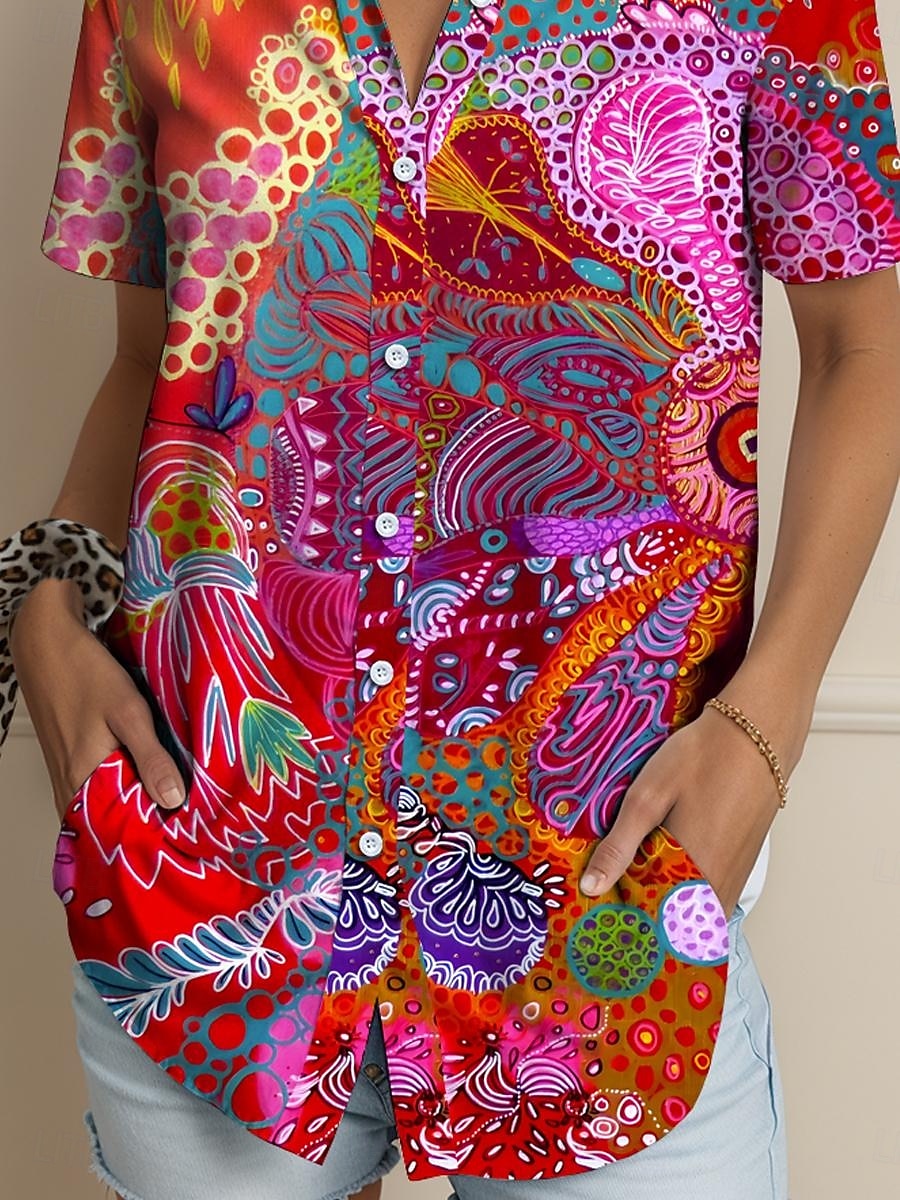 Femmes Chemise Graphique Géométrique Abstrait ancien Tropical Quotidien Manche Courte Col de chemise Hauts Réguliers Quotidien Rouge Bleu Violet Vert Été Printemps de 2025 ? $24.99 –P3