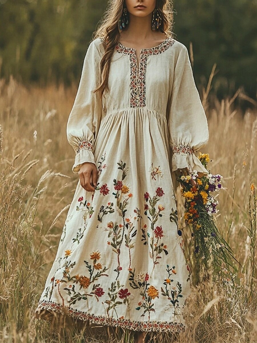 Women's Western Dress Boho Dress Long Dress Maxi Dress Casual Dress Fashion  Modern Daily Beach Weekend Regular Fit Floral Long Sleeve Crew Neck Apricot  Summer Autumn 2026 - $34.99