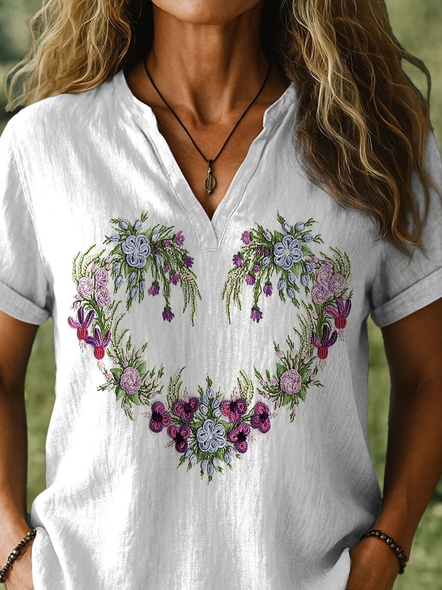 Dame Bluse Hjerte Blomstret Grafisk Stilfull Kortermet V-hals Hals med hakk Vanlige topper Daglig Trykt mønster Hvit Sommer 2025 - $22.99 –P2