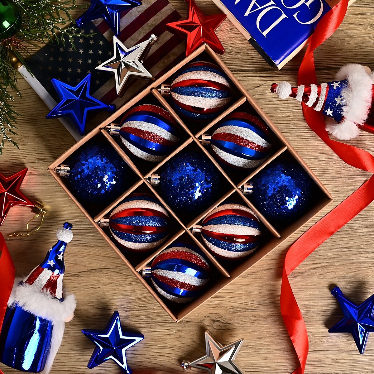 9 db/szett hazafias díszek július 4-i fadíszekhez, piros fehér kék törésálló americana törpe függő gömbdíszek munka karácsonyi emléknapi dekorációhoz 2025 - $18.99 –P3