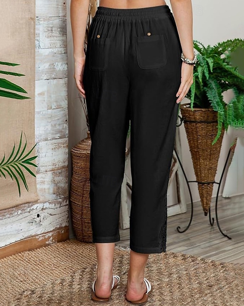 Women's Poly-Cotton Linen Texture Pants Cropped Pants Fashion Streetwear Comfort Ankle-Length Mid Waist Plain Lace Comfy Comfortable Street Daily Wear Going out Black White Blue Green Summer Regular 2025 - $14.49 –P6